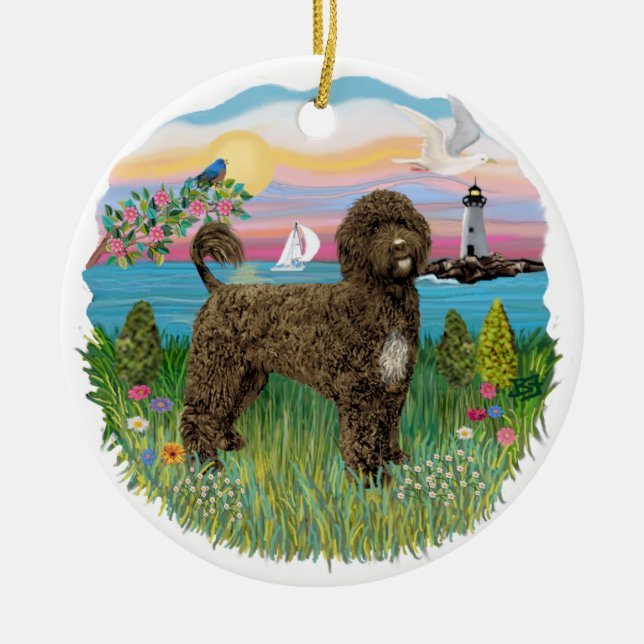 Lighthouse - Portuguese Water Dog #2 brown Ceramic Ornament (Front)