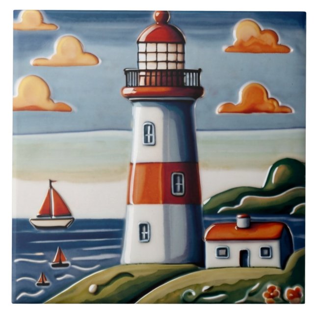 Lighthouse & Sail boats Seaside ocean sea themed Tile (Front)