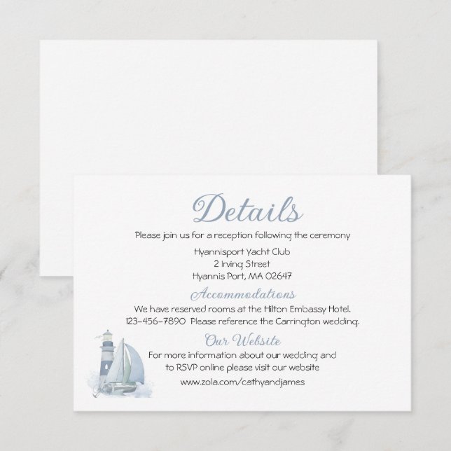 Lighthouse Sailboat Blue Nautical Wedding Details  Enclosure Card (Front/Back)