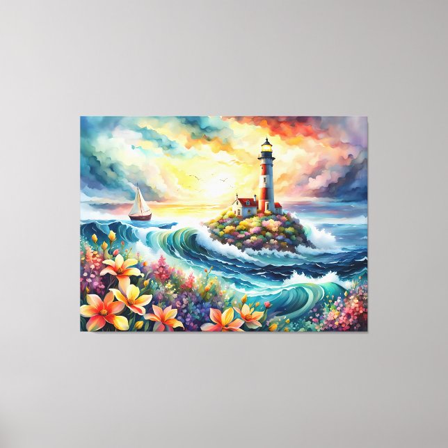 Lighthouse Sailboat Floral Beauty Watercolor Canvas Print (Front)