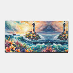 Lighthouse Sailboat Floral Beauty Watercolor Desk Mat