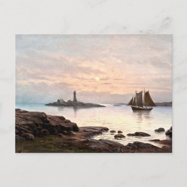 Lighthouse & Sailboat In Moonlight Poster Postcard (Front)