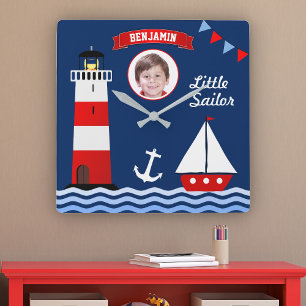 Lighthouse Sailboat Name Photo Nautical Kids Room Square Wall Clock