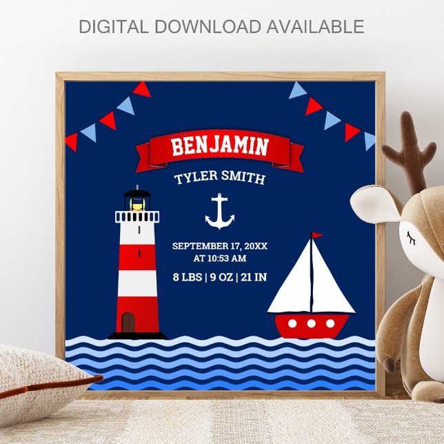 Lighthouse Sailboat Nautical Baby Boy Birth Stats Poster (Creator Uploaded)