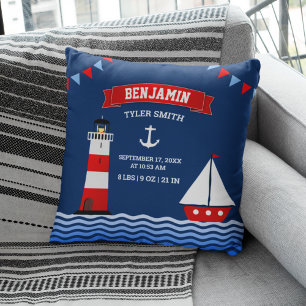 Lighthouse Sailboat Nautical Baby Boy Birth Stats Throw Pillow