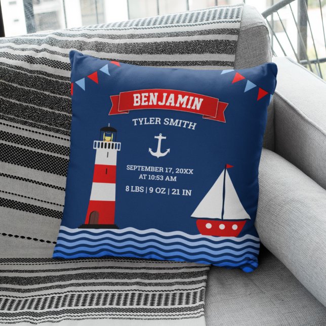 Lighthouse Sailboat Nautical Baby Boy Birth Stats Throw Pillow (Creator Uploaded)