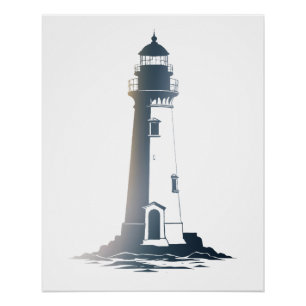 Lighthouse Sea Illustration Silhouette Style Poster