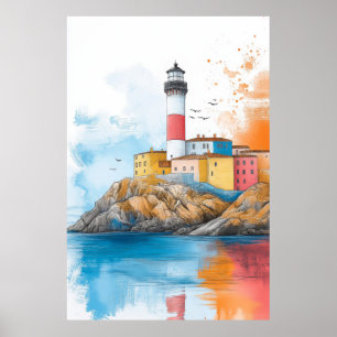 Lighthouse Seacoast Illustration Pastel Drawing Poster