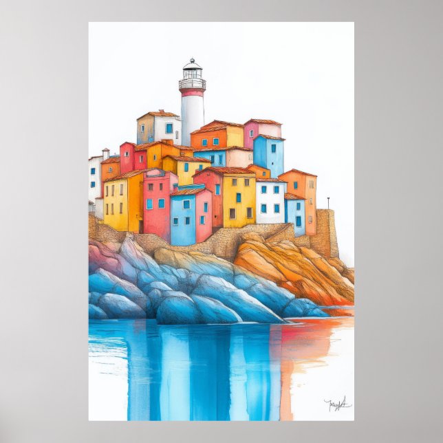 Lighthouse Seacoast Illustration Pastel Drawing Poster (Front)