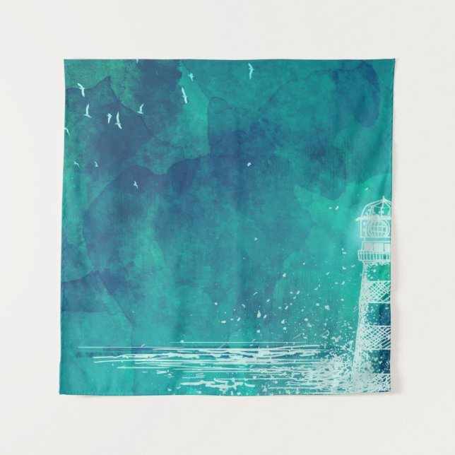 Lighthouse & Seagulls – Watercolor Ocean Scene Tapestry (Front)