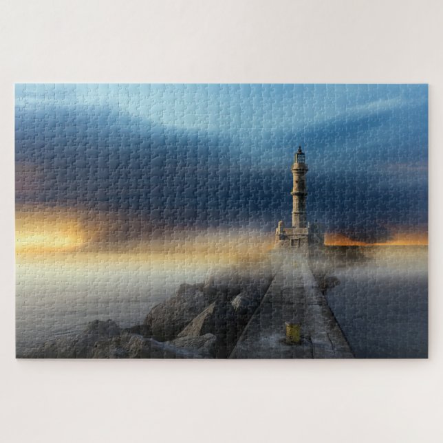 Lighthouse seascape fog storm landscape jigsaw puzzle (Horizontal)