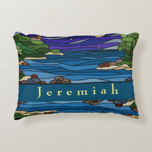 Lighthouse Seashore Under Night Sky Moon Stars Accent Pillow