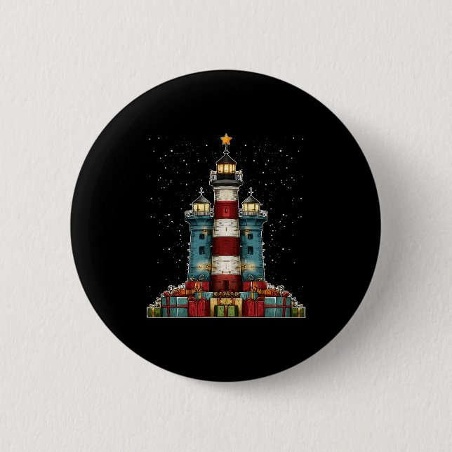 Lighthouse Seaside Christmas Tree Xmas Long Sleeve 2 Inch Round Button (Front)