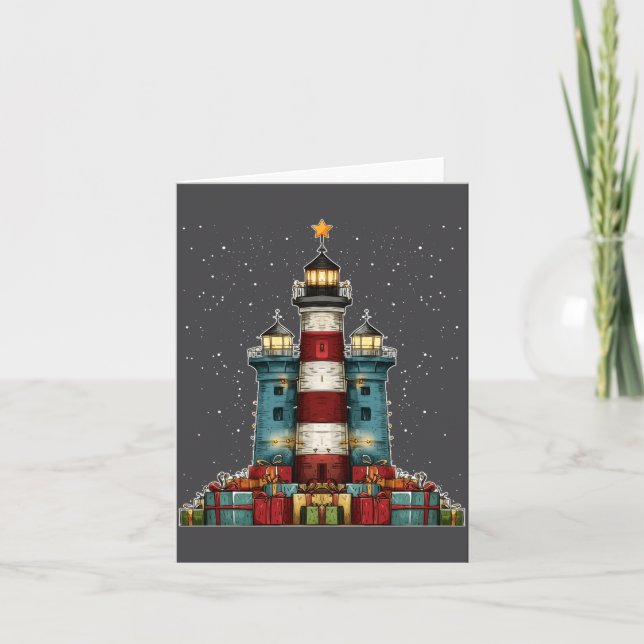 Lighthouse Seaside Christmas Tree Xmas Long Sleeve Card (Front)