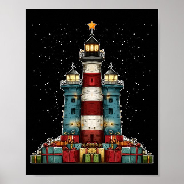 Lighthouse Seaside Christmas Tree Xmas Long Sleeve Poster (Front)