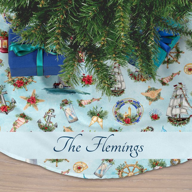 Lighthouse Ships Nautical Christmas Ocean Name Brushed Polyester Tree Skirt (Creator Uploaded)
