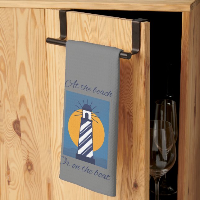 Lighthouse Sign with Beach & Boat Statements Kitchen Towel (Thirds Fold)