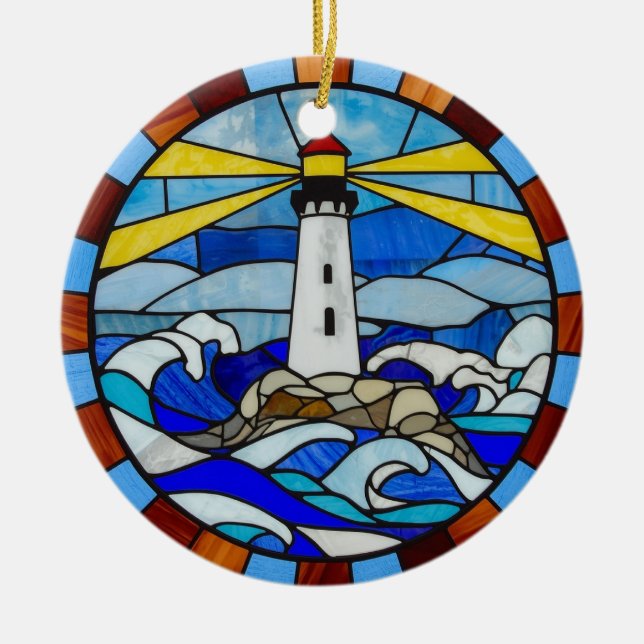 Lighthouse Stained Glass Design Ceramic Ornament (Front)