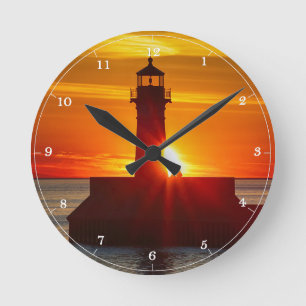 Lighthouse Sunrise Duluth Minnesota Lake Superior Round Clock