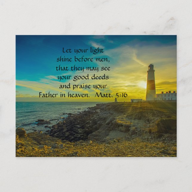 Lighthouse Sunset Christian Bible Verse Postcard (Front)