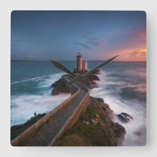 Lighthouse Sunset Plouzané Finistère, Brittany Square Wall Clock