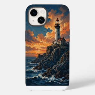 Lighthouse Sunset Seascape Vintage Travel Poster iPhone 14 Case