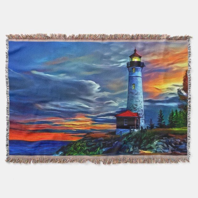 Lighthouse Sunset Throw Blanket (Front)