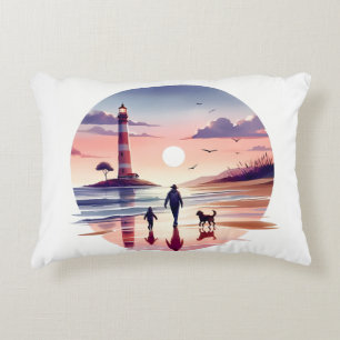 Lighthouse Sunset Walk Coastal Scene Accent Pillow