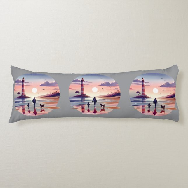 Lighthouse Sunset Walk Coastal Scene Body Pillow (Front)