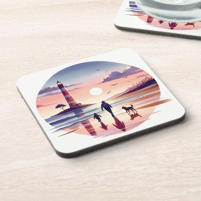 Lighthouse Sunset Walk Coastal Scene Coaster (Left Side)