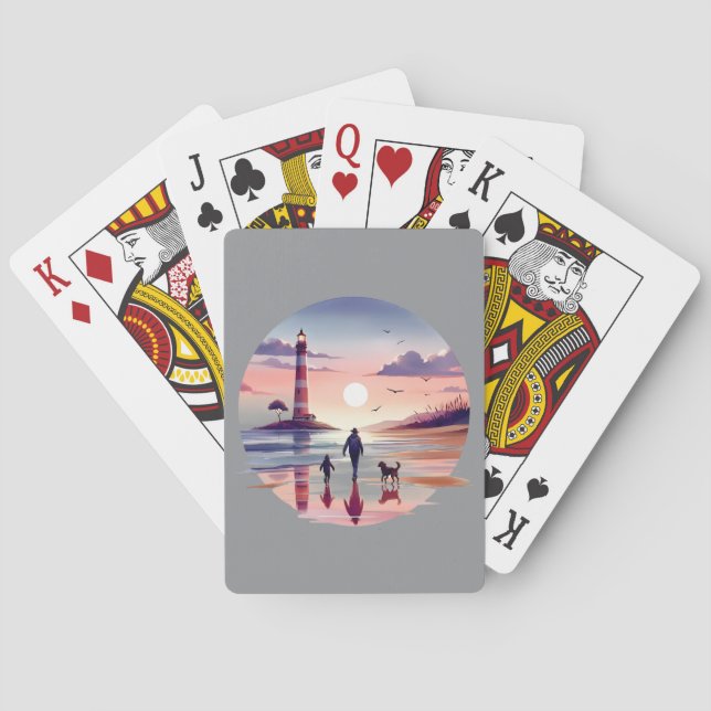 Lighthouse Sunset Walk Coastal Scene Playing Cards (Back)