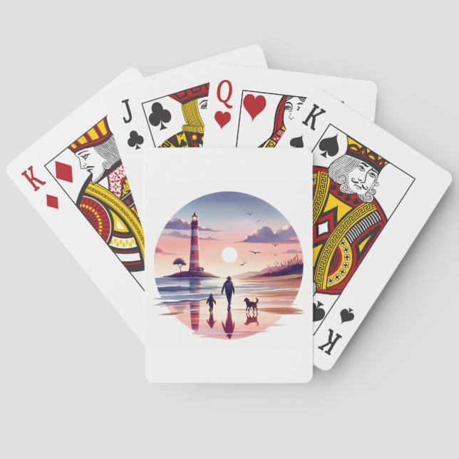 Lighthouse Sunset Walk Coastal Scene Playing Cards (Back)