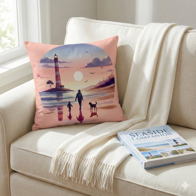 Lighthouse Sunset Walk Coastal Scene Throw Pillow (Lighthouse Sunset Walk Coastal Scene Throw Pillow Mockup A)