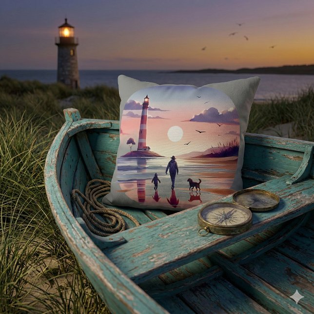 Lighthouse Sunset Walk Coastal Scene Throw Pillow (Lighthouse Sunset Walk Coastal Scene Throw Pillow Mockup C)
