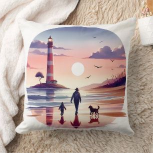 Lighthouse Sunset Walk Coastal Scene Throw Pillow
