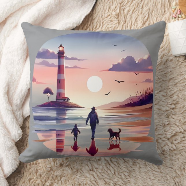 Lighthouse Sunset Walk Coastal Scene Throw Pillow (Blanket)