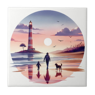 Lighthouse Sunset Walk Coastal Scene Tile