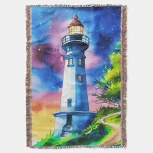 Lighthouse Under a Starry Sky Throw Blanket