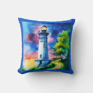 Lighthouse Under a Starry Sky Throw Pillow