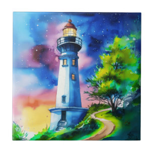 Lighthouse Under a Starry Sky Tile