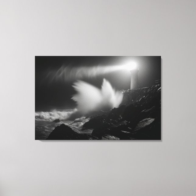 Lighthouse Vigil Over Stormy Seas Monochrome Art Canvas Print (Front)
