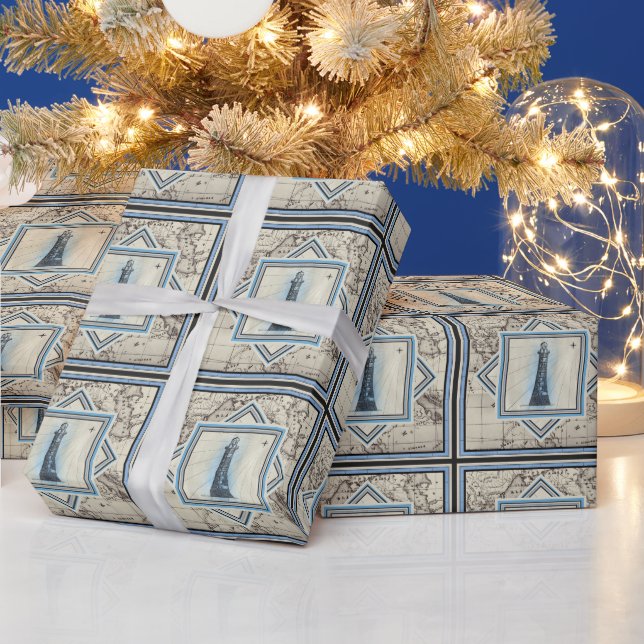 Lighthouse vintage map nautical pattern wrapping paper (Holidays)
