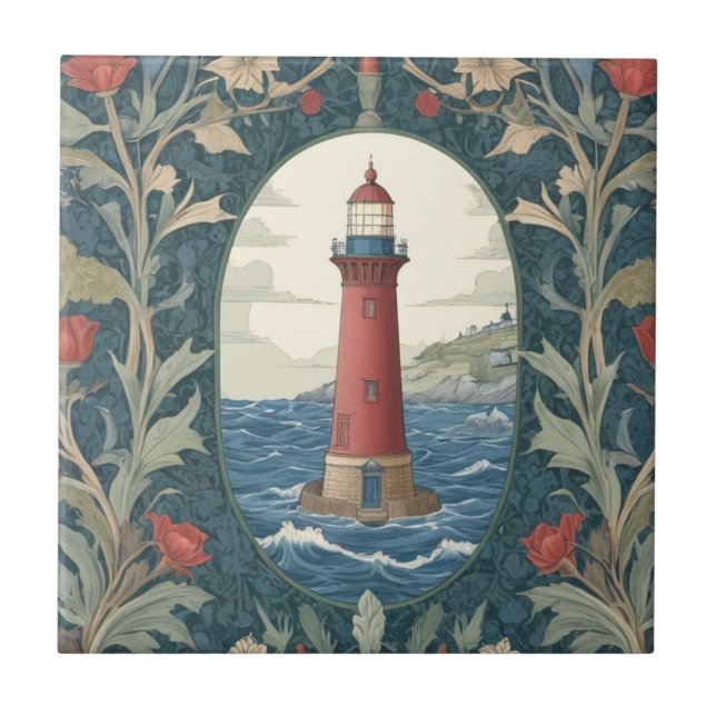 Lighthouse William Morris style ocean sea nautical Tile (Front)