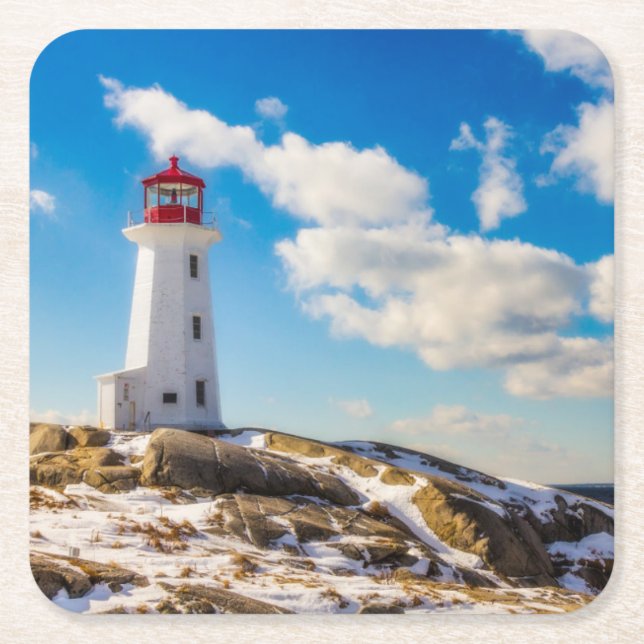 Lighthouse | Winter In Peggy'S Cove, Nova Scotia Square Paper Coaster (Front)