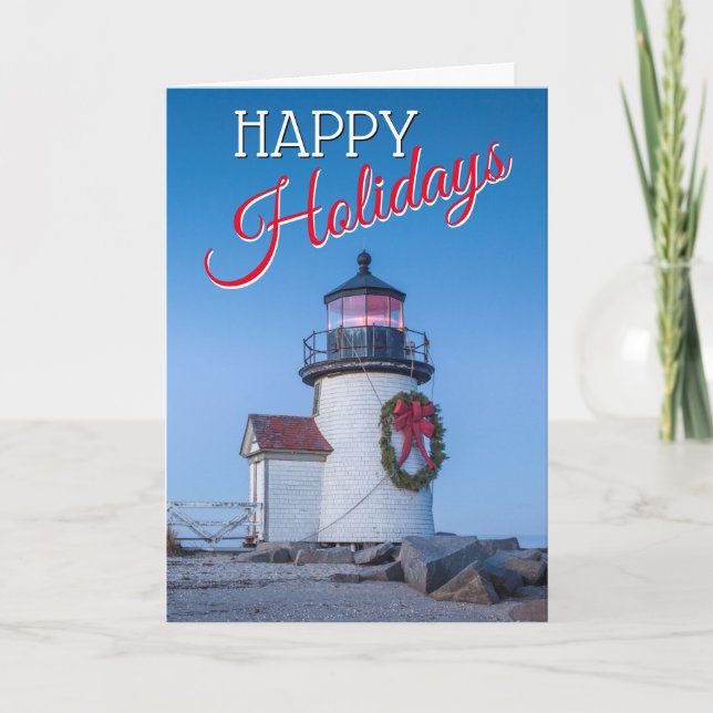 Lighthouse with a Christmas Wreath Holiday Card (Front)