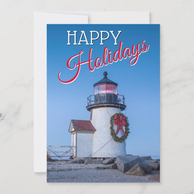 Lighthouse with a Christmas Wreath Holiday Card (Front)