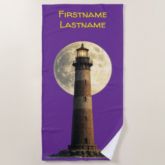 Lighthouse with a full moon beach towel
