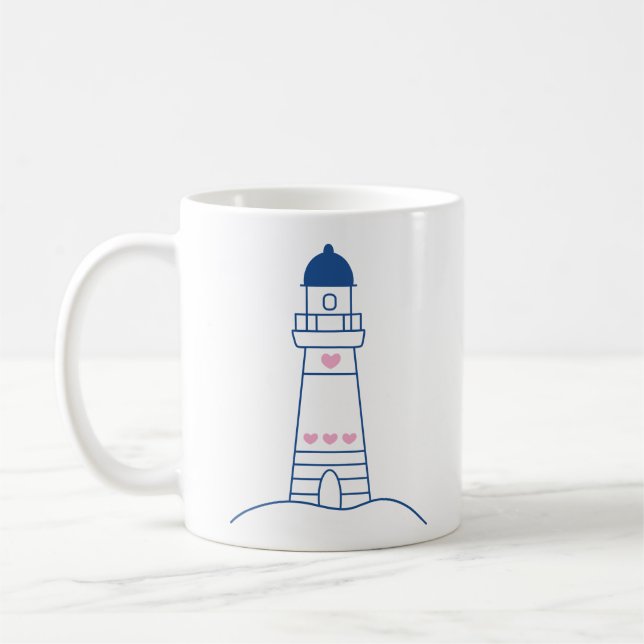 Lighthouse with Hearts Cute Hand Drawn Design Coffee Mug (Left)