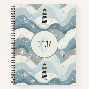 Lighthouse with Icy Waves Winter Nautical Monogram Notebook