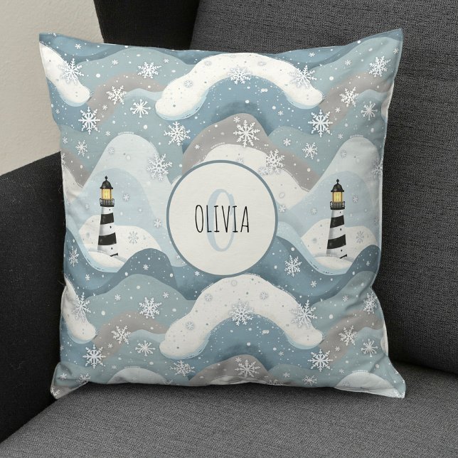 Lighthouse with Icy Waves Winter Nautical Monogram Throw Pillow (Creator Uploaded)